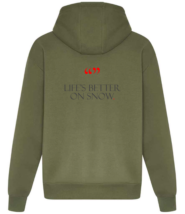 Earthy Green Heavyweight Ski Hoodie - 'Life's Better on Snow' | 440gsm | UK Lifestyle Brand Hoodie Life_sbetteronsnowEarthGreenHoodieBack 237 Collective